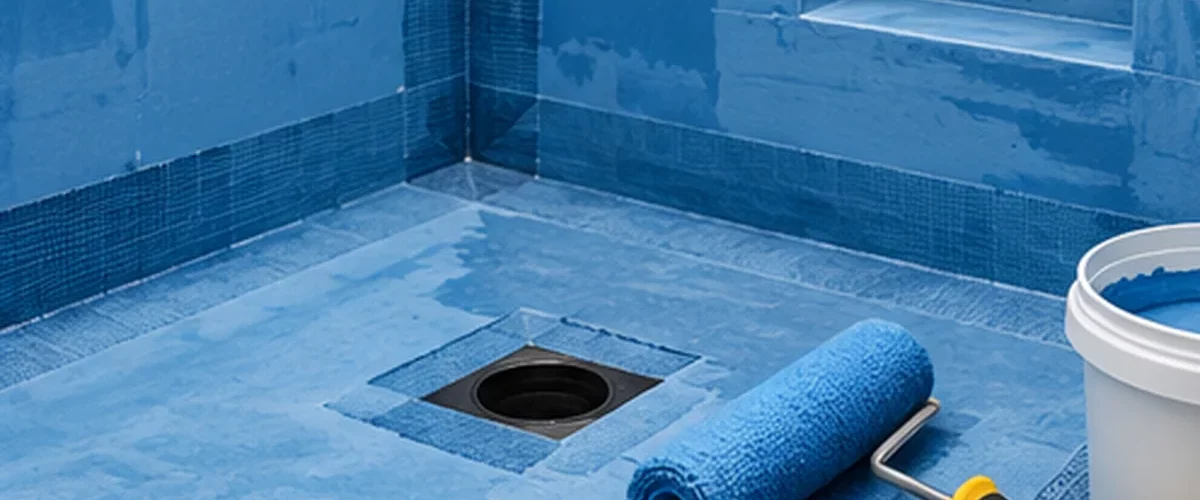 Shower walls and floor coated with blue waterproofing tanking membrane before tiling