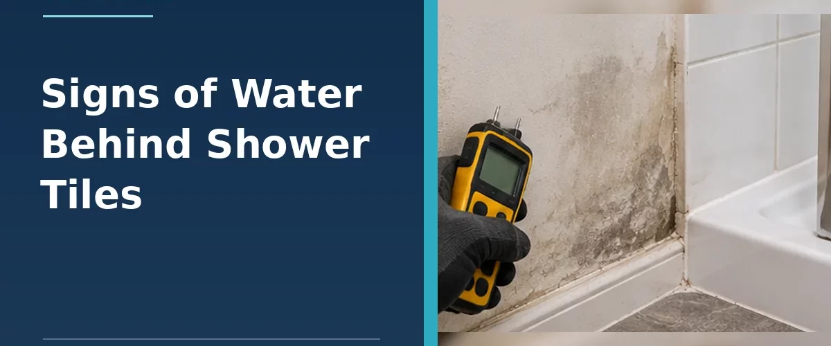Moisture meter checking signs of damp beside a tiled shower tray